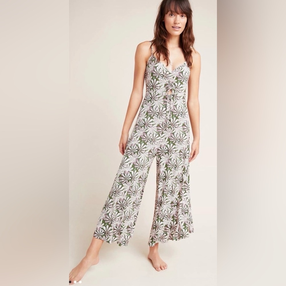 Anthropologie Pink, Green & White Floral Spaghetti-Strap Wide-Leg Jumpsuit